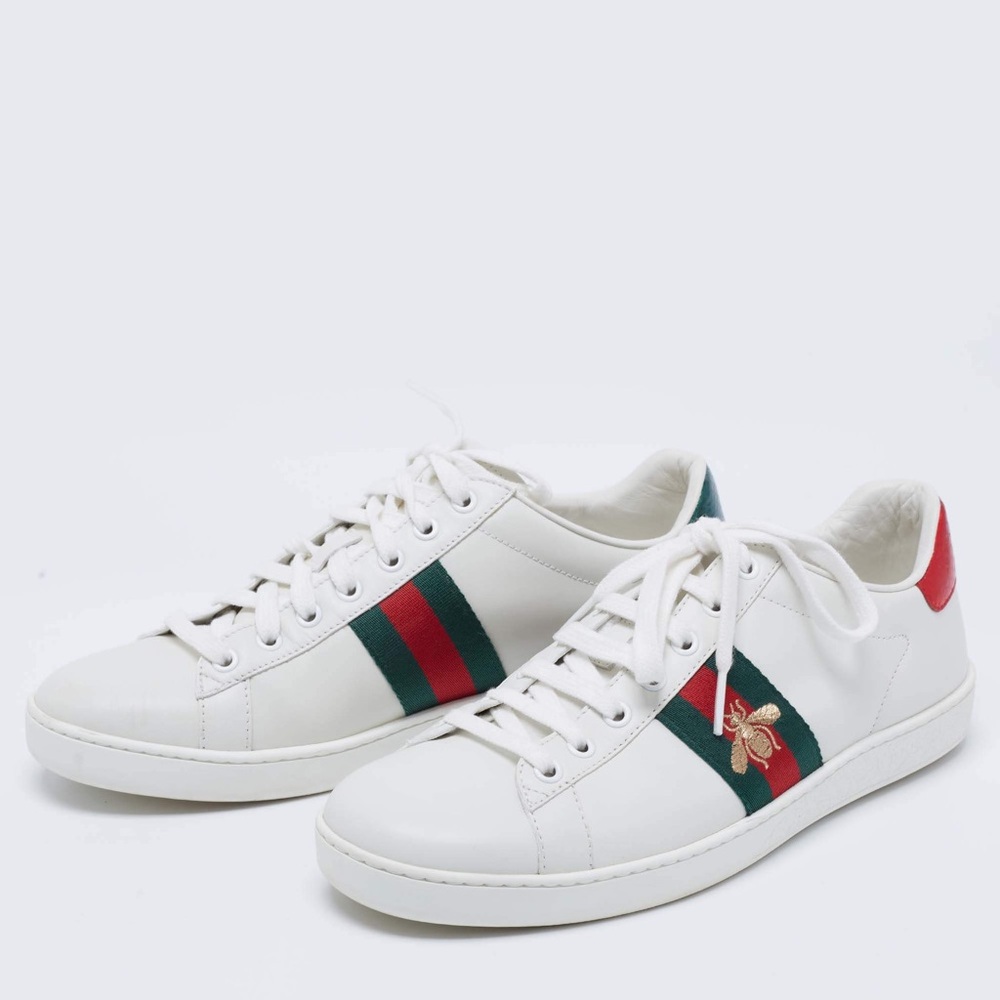 Gucci White Leather Sneakers with Green and Red Web Stripe
